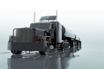 digitally generated image of a fuel tanker truck accelerating towards camera rendered with a stylised crude oil texture