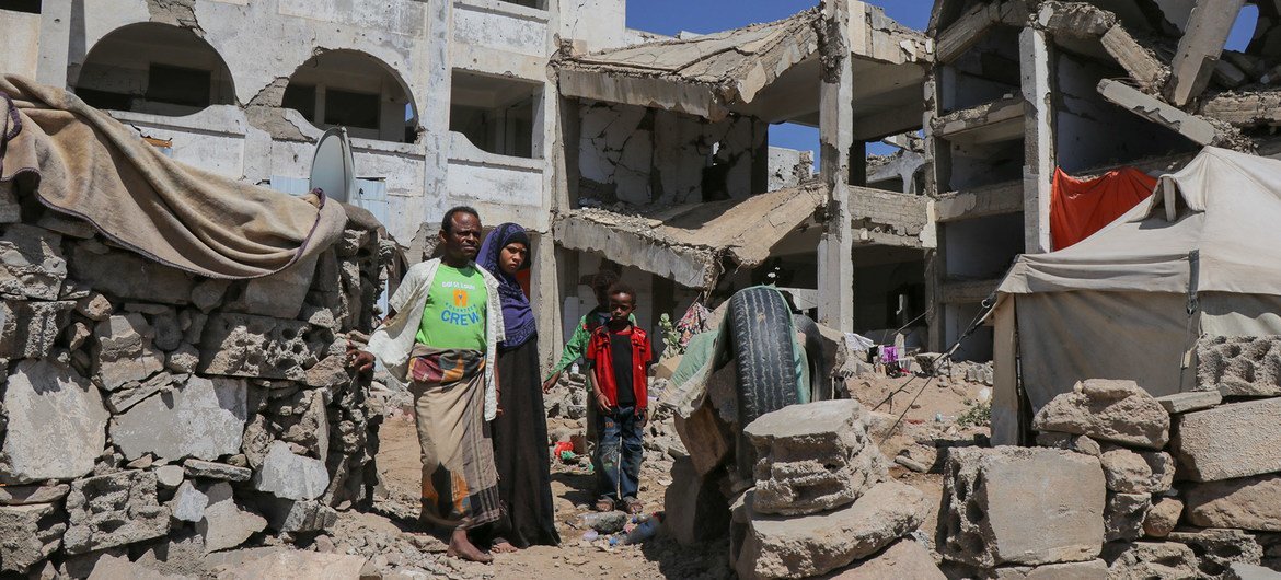 A family in the Al Dhale'e camp for people displaced by the conflict in Yemen.