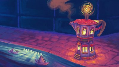 Ilustracija za najbolje igre za uživanje na kojoj je prikazana lampa u obliku kuvala za kafu koja je osvetljena poput doma
