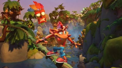 Crash Bandicoot 4: it's About Time screenshot depicting crash sliding through a jungle environment on a tree trunk.