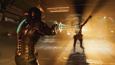 Dead space screenshot showing a character shooting a monster.