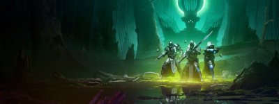 Key art for Destiny 2 The Witch Queen, featuring three Guardians moving through an alien environment.