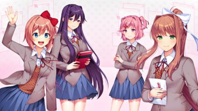 Doki Doki Literature Club Plus! screenshot showing four characters posing and waving.