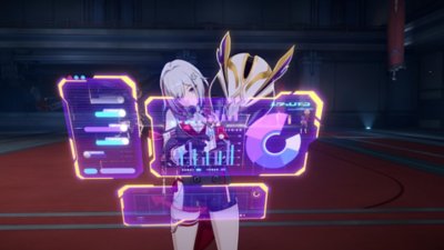 Honkai Star Rail screenshot showing a character using holographic computer screens