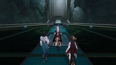 Honkai Star Rail screenshot showing three characters walking together towards a guarded individual in a dark room