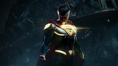 גרפיקה מרכזית Injustice 2 המציגה את הנבל הראשי סופרמן הרשע על רקע כהה.