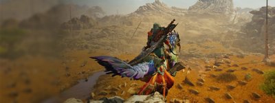 Monster Hunter Wilds – snímka obrazovky zobrazujúca lovca idúceho na zvierati s radom príšer v strednej vzdialenosti.