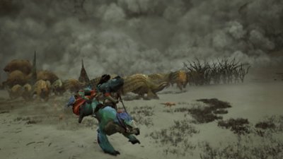 Monster Hunter Wilds – snímka obrazovky zobrazujúca lovca, ktorý odchádza preč od dupajúcich tvorov, zatiaľ čo sa blíži obrovský oblak prachu.