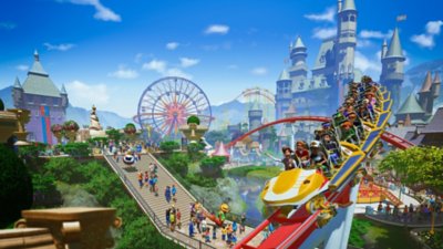 גרפיקה מרכזית Planet Coaster, המציגה צילום מגבוה של פארק שעשועים הומה אדם.