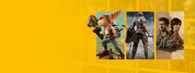 Ilustración de marca de PlayStation Plus con el arte promocional de Ratchet y Clank: Una dimensión aparte, Demon’s Souls y Uncharted: Colección Legado de ladrones.