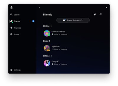 PlayStation-konsollen har fanen Venner valgt på venstre side og en venneliste i midten.