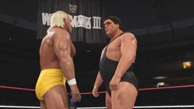 WWE 2K24 screenshot showing Andre the Giant and Hulk Hogan