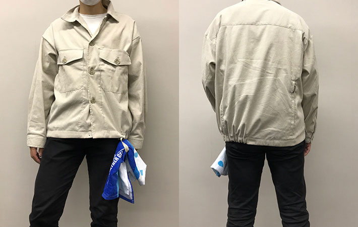 超撥水２WAYシェフジャケットのアジャスターループをタオルハンガーにしている
