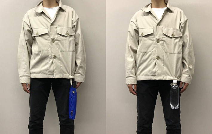 超撥水２WAYシェフジャケットのアジャスターループを使って、５００㎖のペットボトルや折り畳み傘を吊り下げている