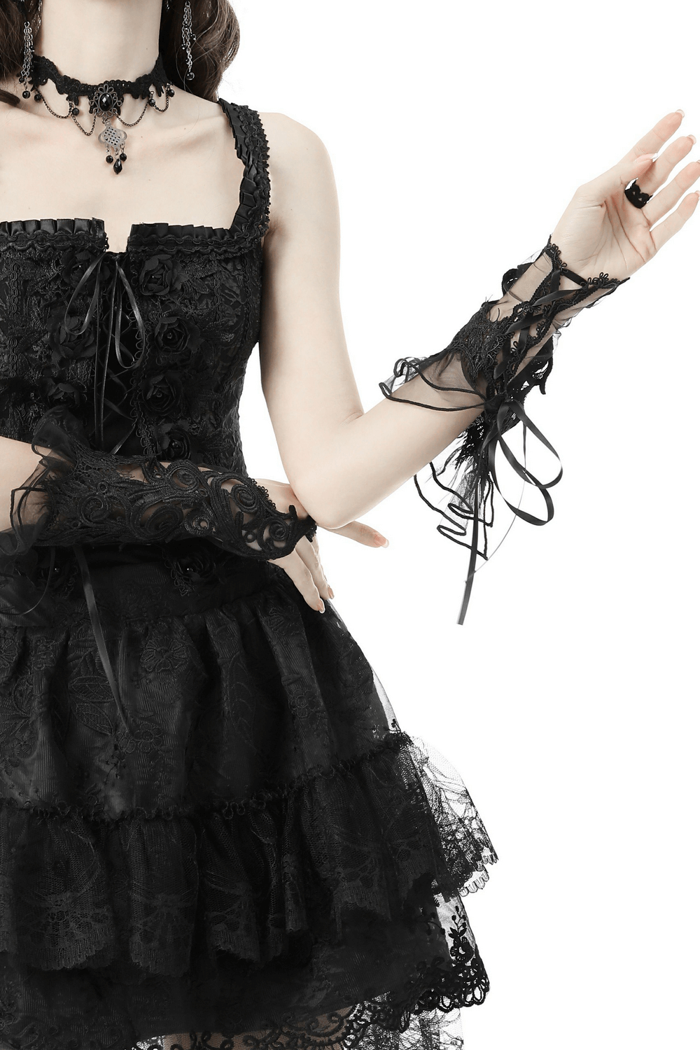 Black Floral Lace Fingerless Gloves for Evening Events