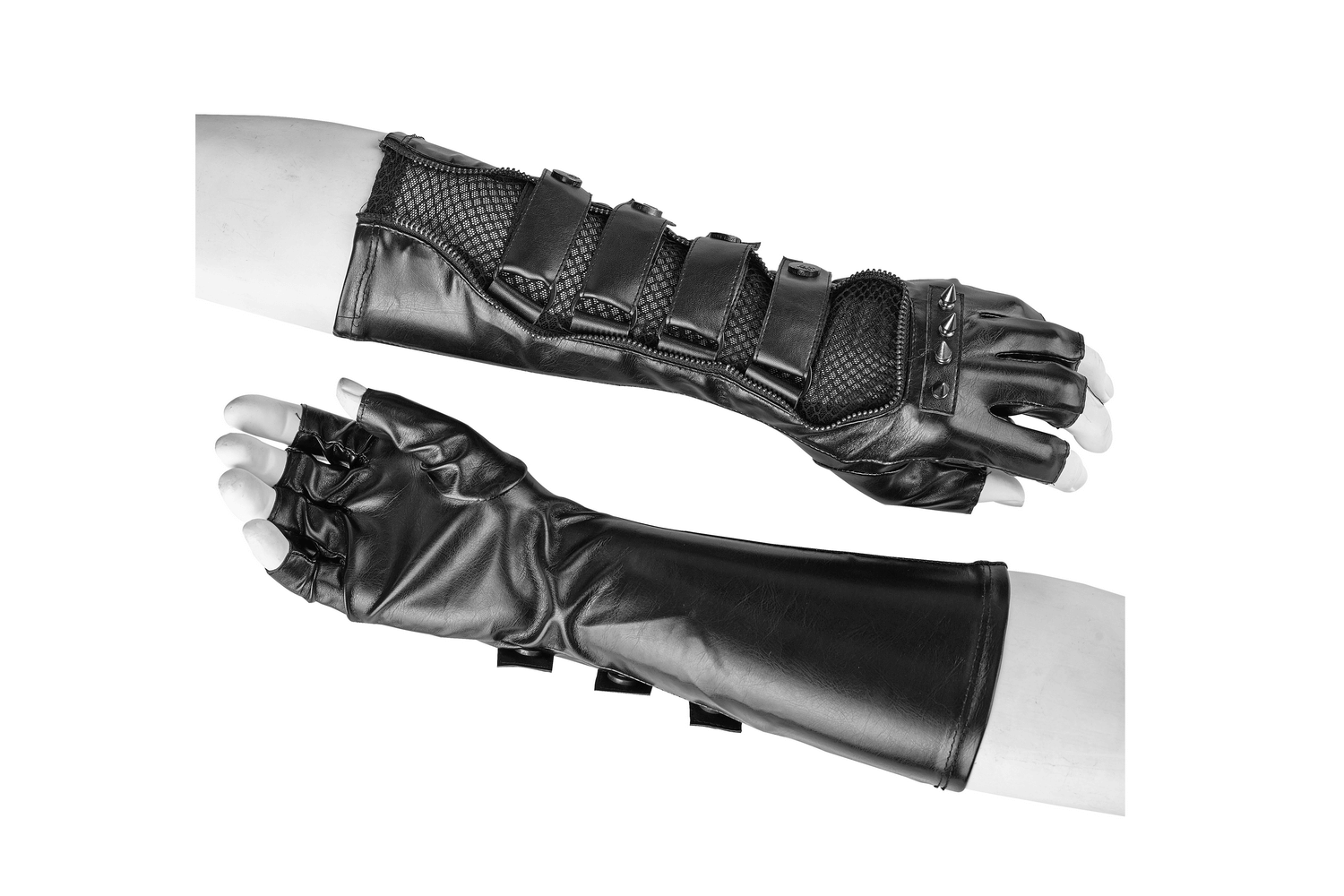 Black Punk Gauntlet Gloves with Spiked Joints and Mesh Accents