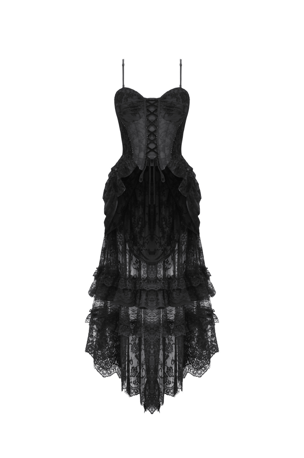 Chic Black Lace Tiered Evening Dress with Straps