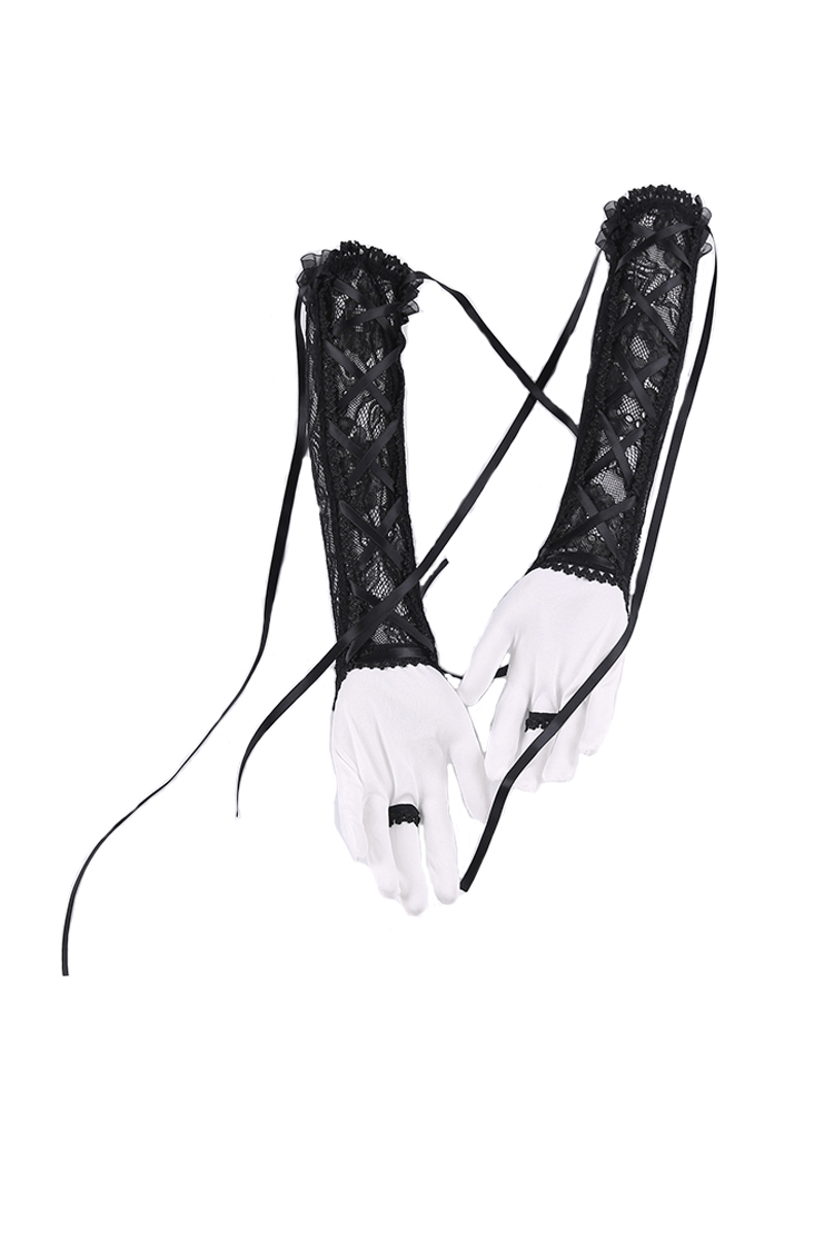 Chic Women's Black Lace Gloves with Satin Ribbons