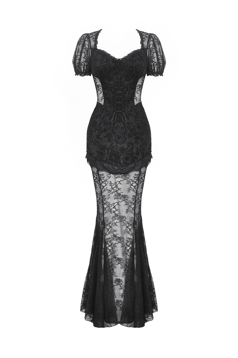 Elegant Black Lace Mermaid Dress with Floral Detail