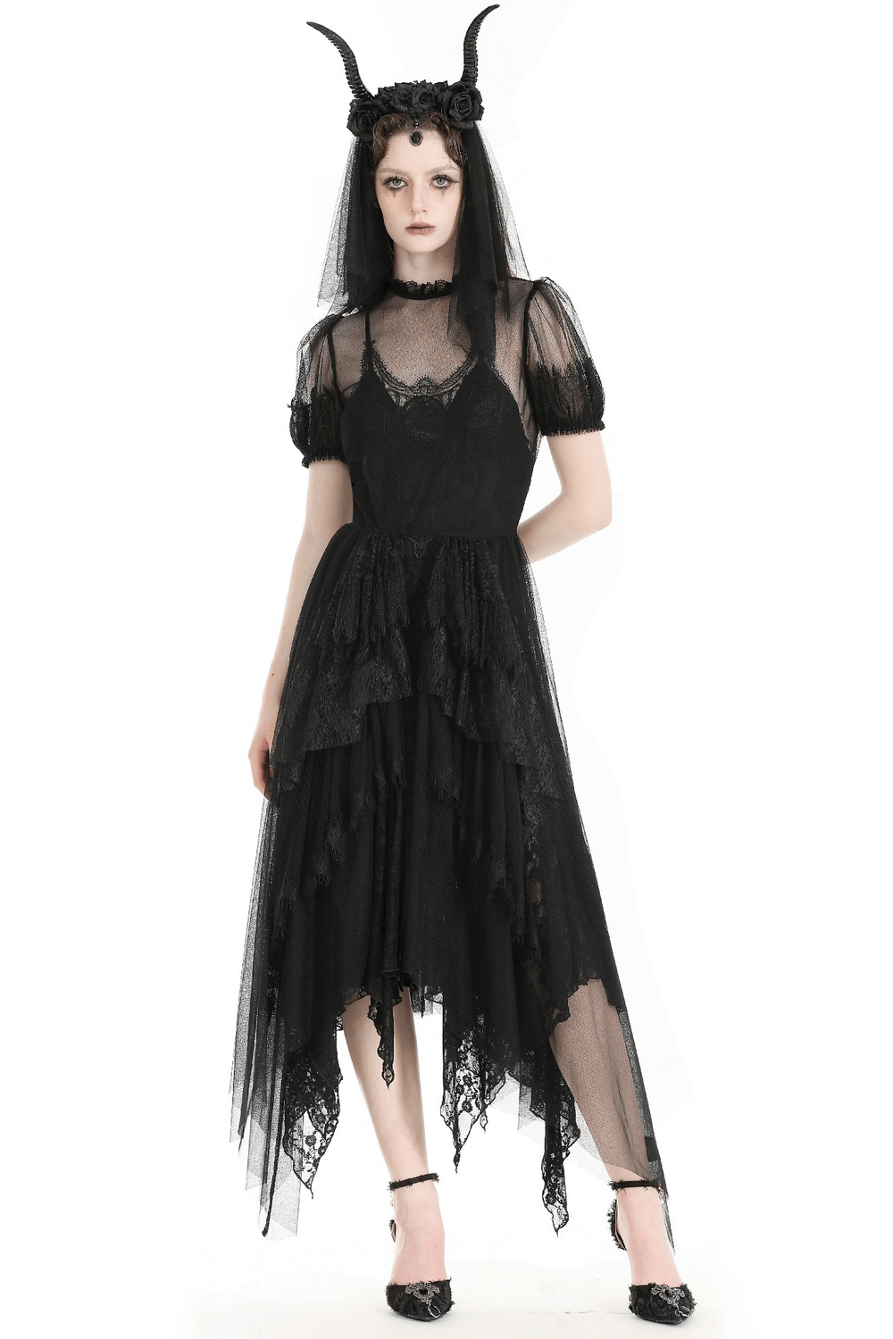 Elegant Black Sheer Panel Lace Dress with Short Sleeves