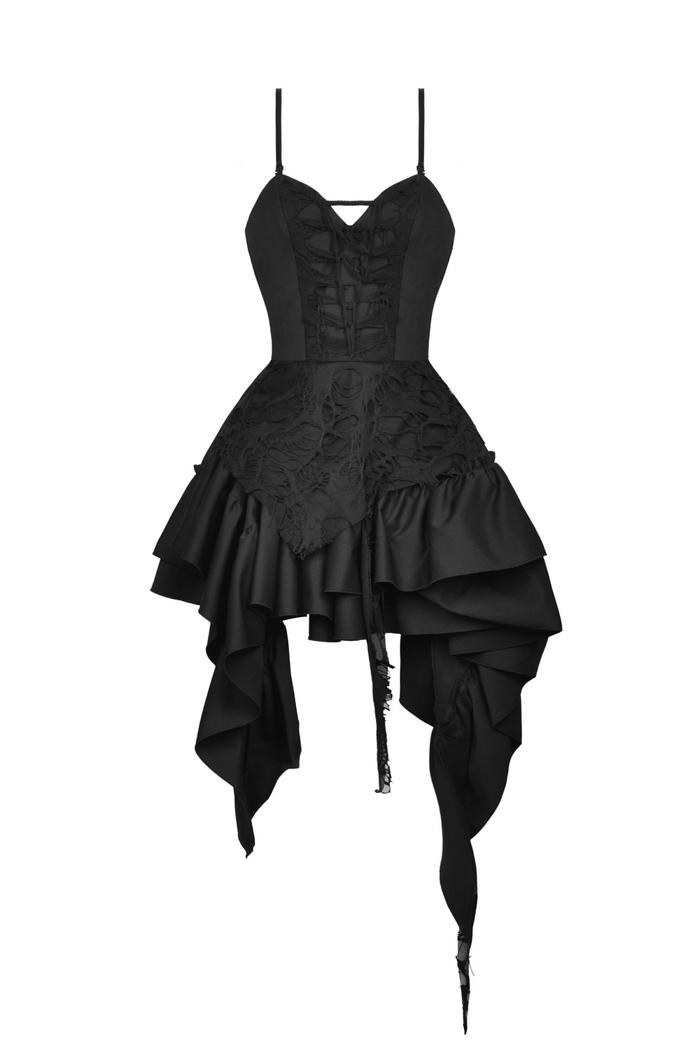 Elegant Black Torn Dress with Asymmetric Ruffled Hem