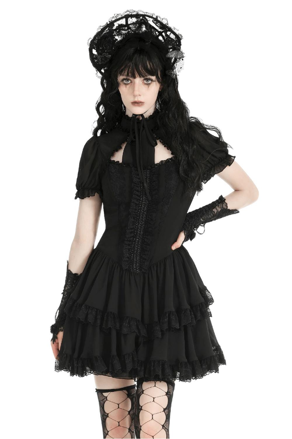 Elegant Female Gothic Lace Dress with Ruffled Layers