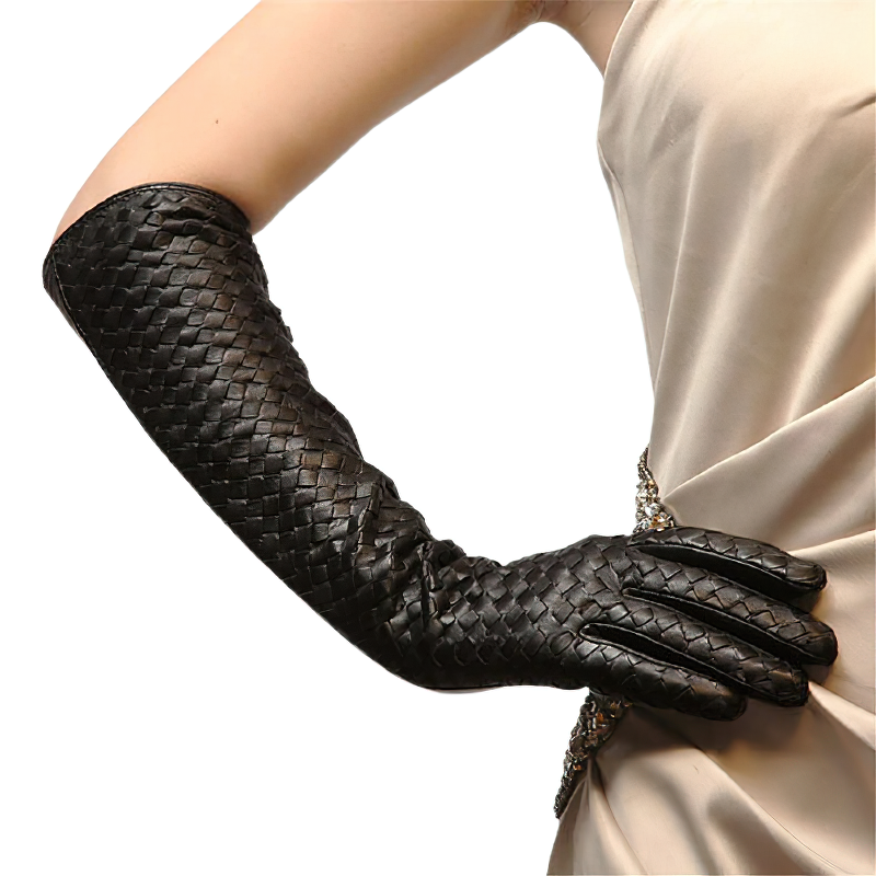 Fashion Women's Black Leather Gloves / Long Gloves Hand Woven with Sheepskin - HARD'N'HEAVY