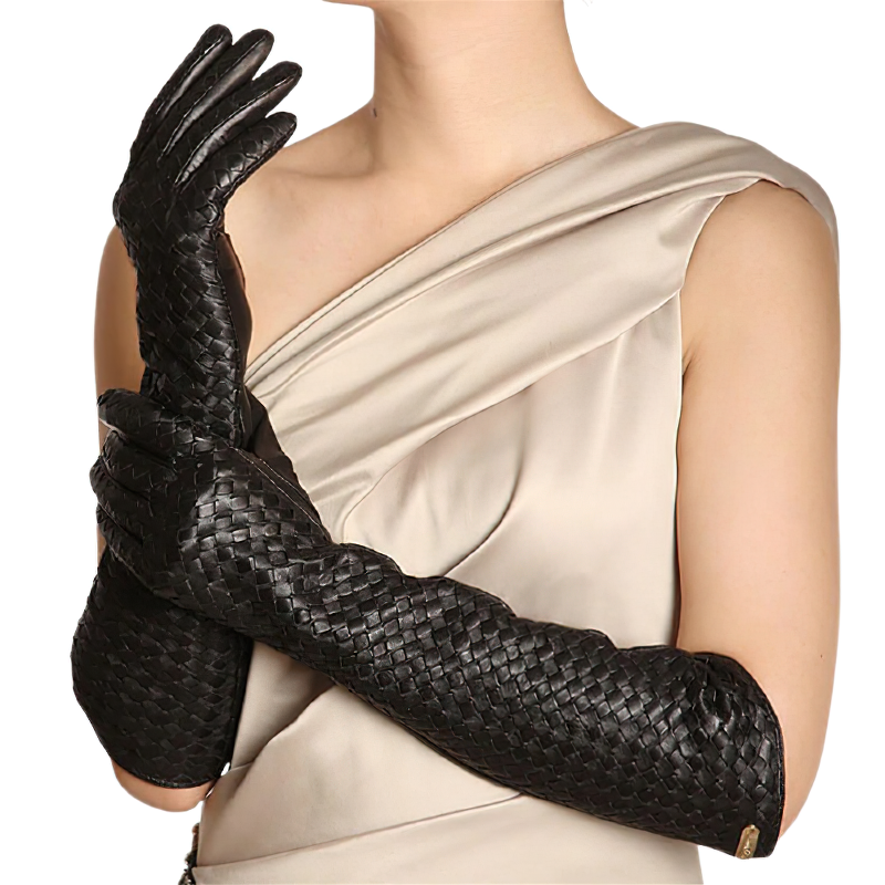 Fashion Women's Black Leather Gloves / Long Gloves Hand Woven with Sheepskin - HARD'N'HEAVY