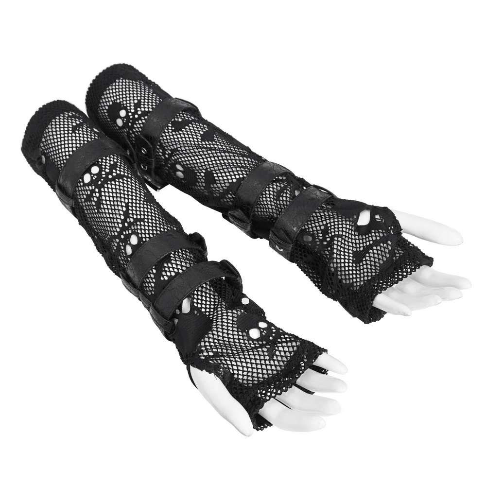 Gothic Black Fishnet Fingerless Gloves with Buckles