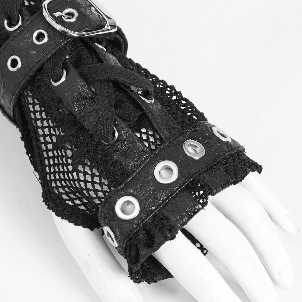 Gothic Black Fishnet Fingerless Gloves with Buckles