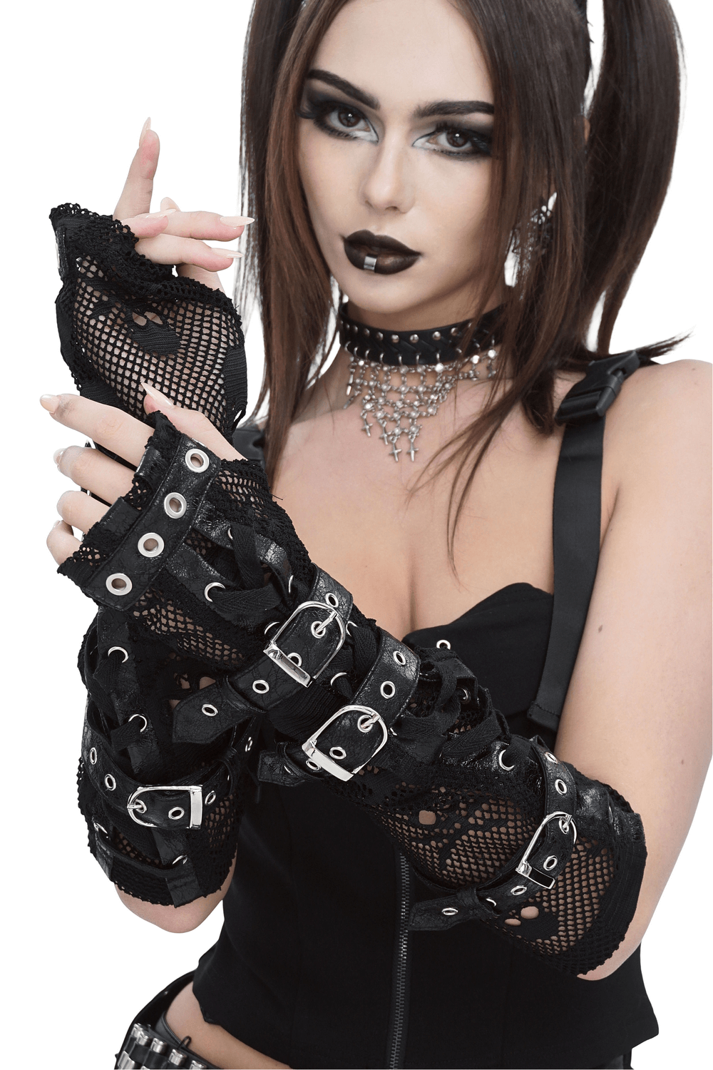 Gothic Black Fishnet Fingerless Gloves with Buckles