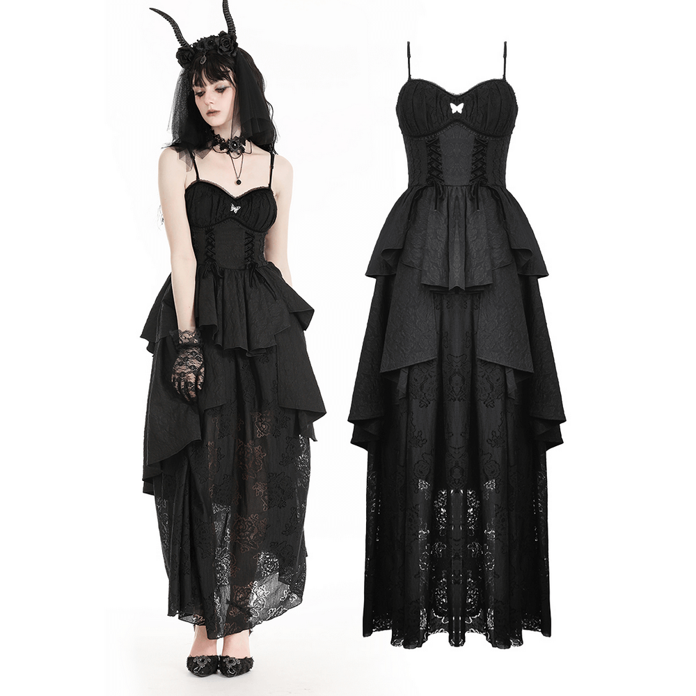 Gothic Black Lace Long Dress with Butterfly Accent