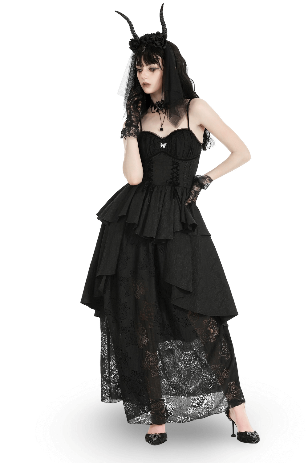 Gothic Black Lace Long Dress with Butterfly Accent