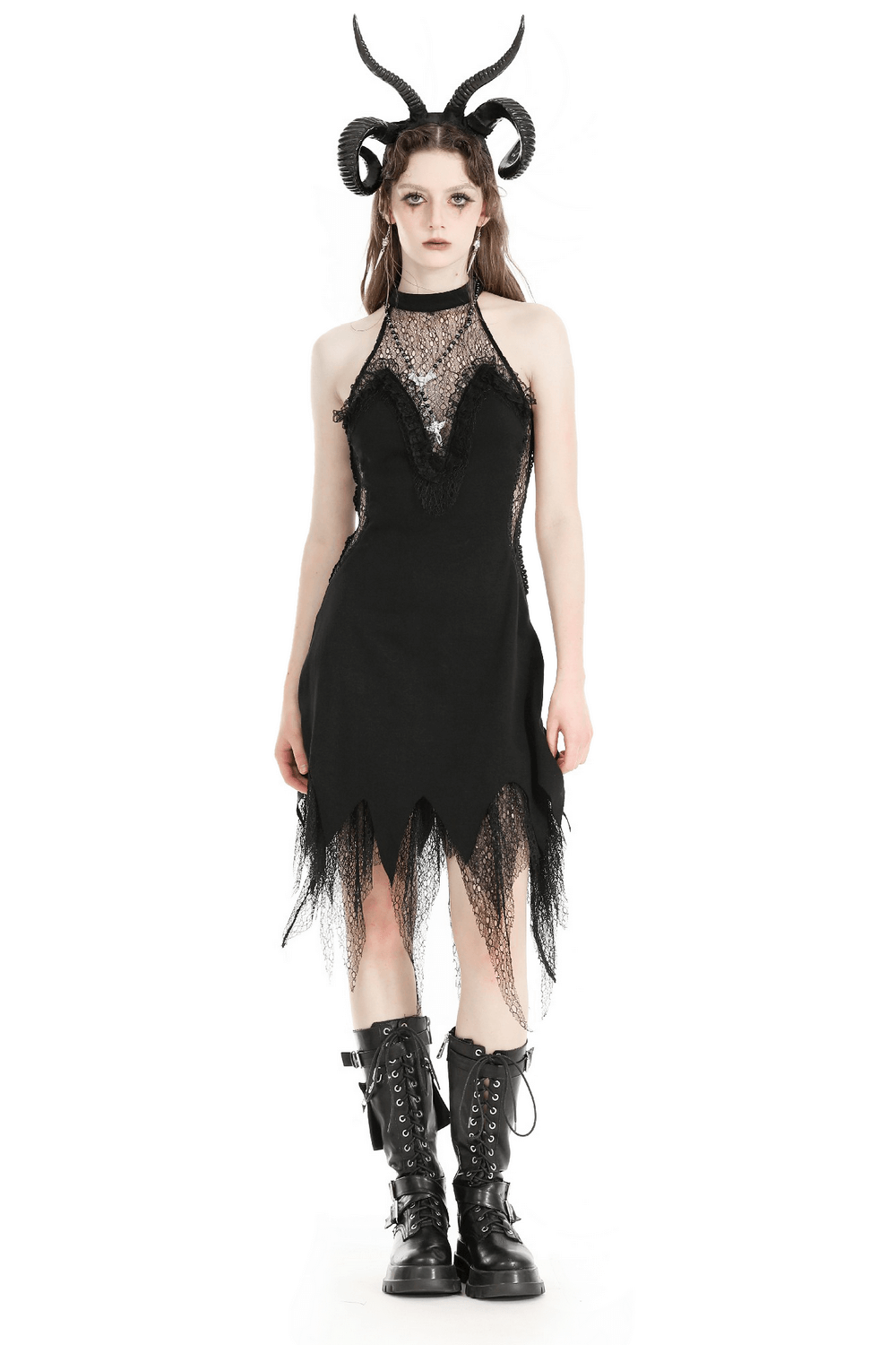 Gothic Black Lace Sleeveless Mini Dress with Zip Back