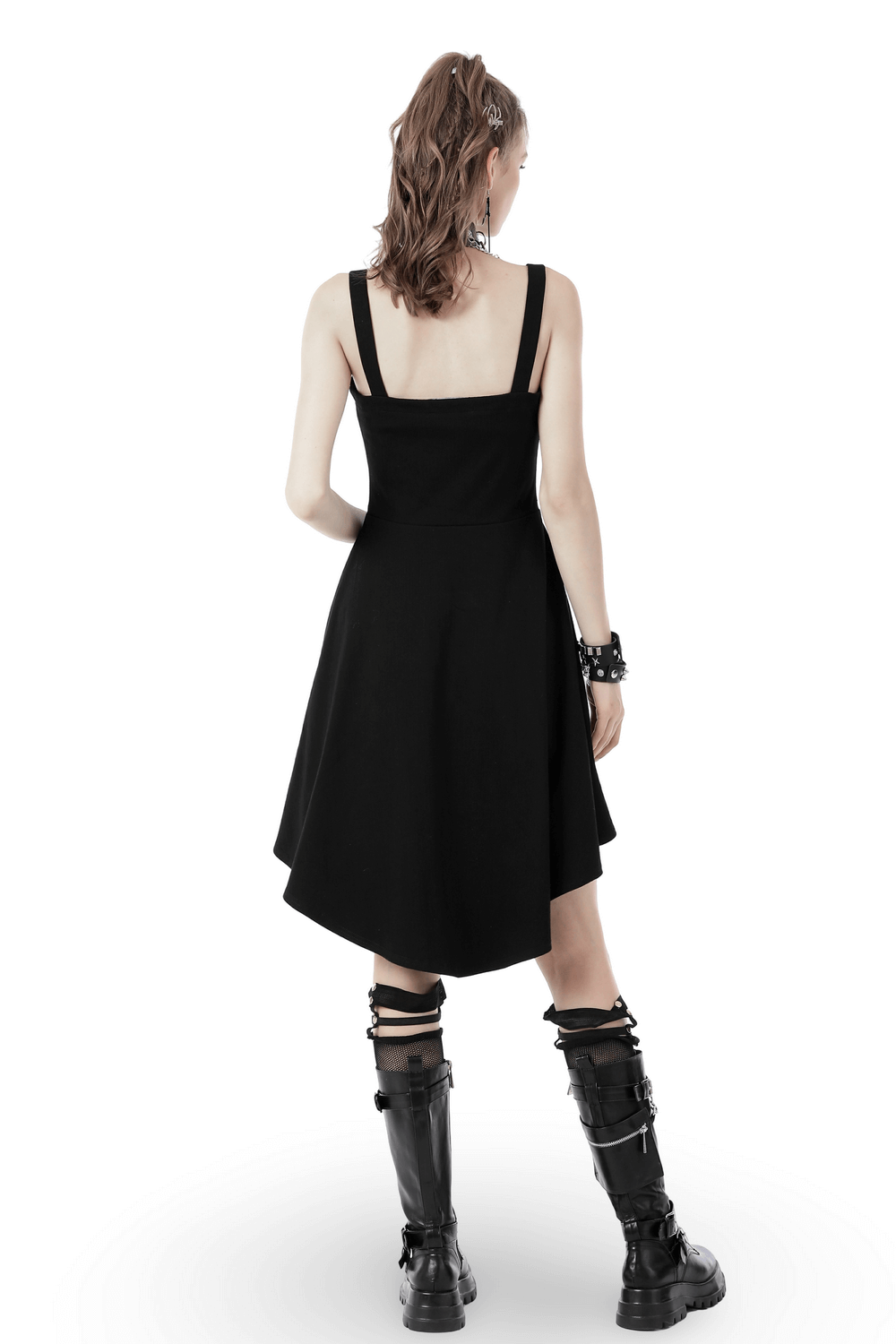 Gothic Black Lace-Up Corset Dress with Asymmetrical Hemline