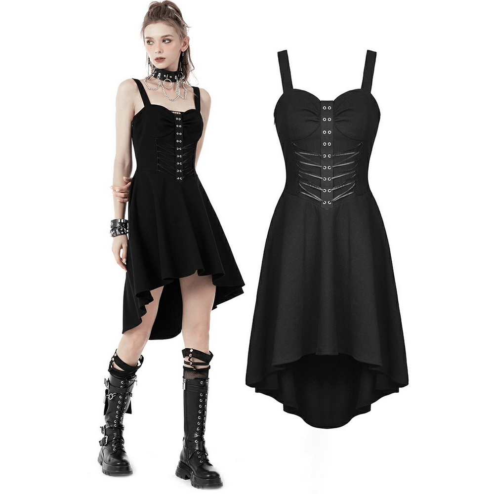 Gothic Black Lace-Up Corset Dress with Asymmetrical Hemline