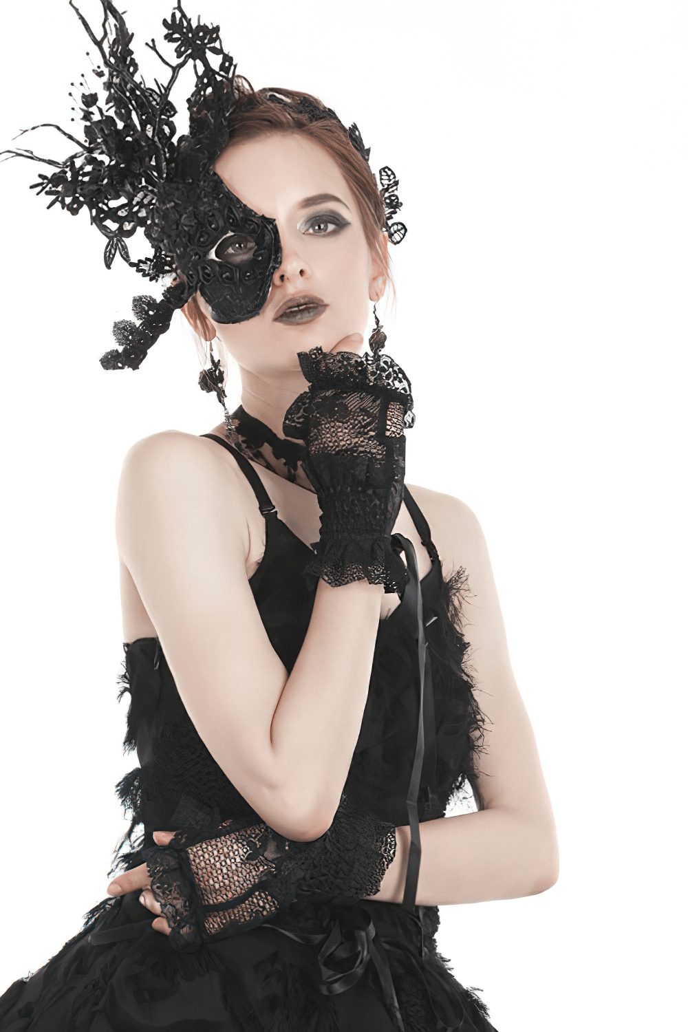 Gothic Female Lace Fingerless Gloves with Wrist Ruffles