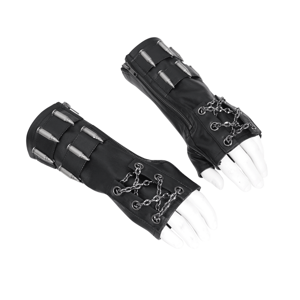 Gothic Fingerless Gloves with Chain and Bullet Details