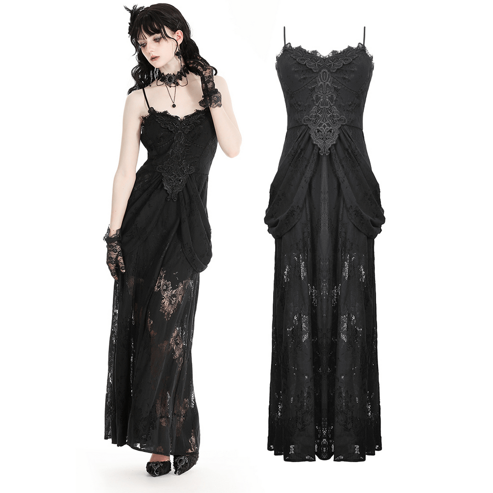 Gothic Lace Maxi Dress with Embroidered Bodice