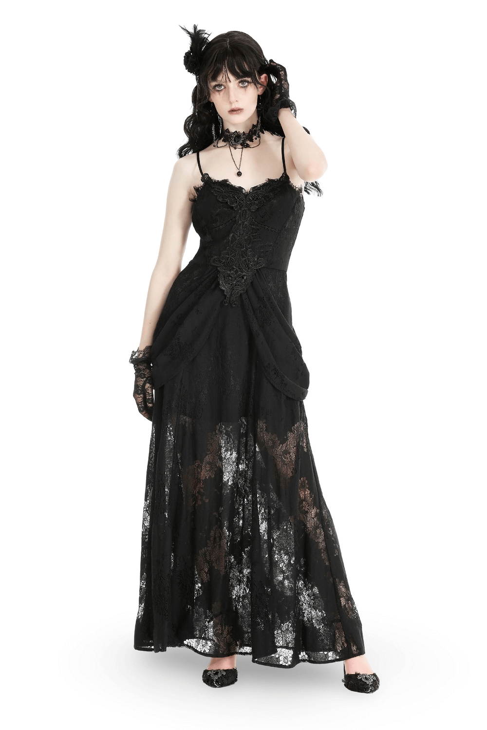 Gothic Lace Maxi Dress with Embroidered Bodice