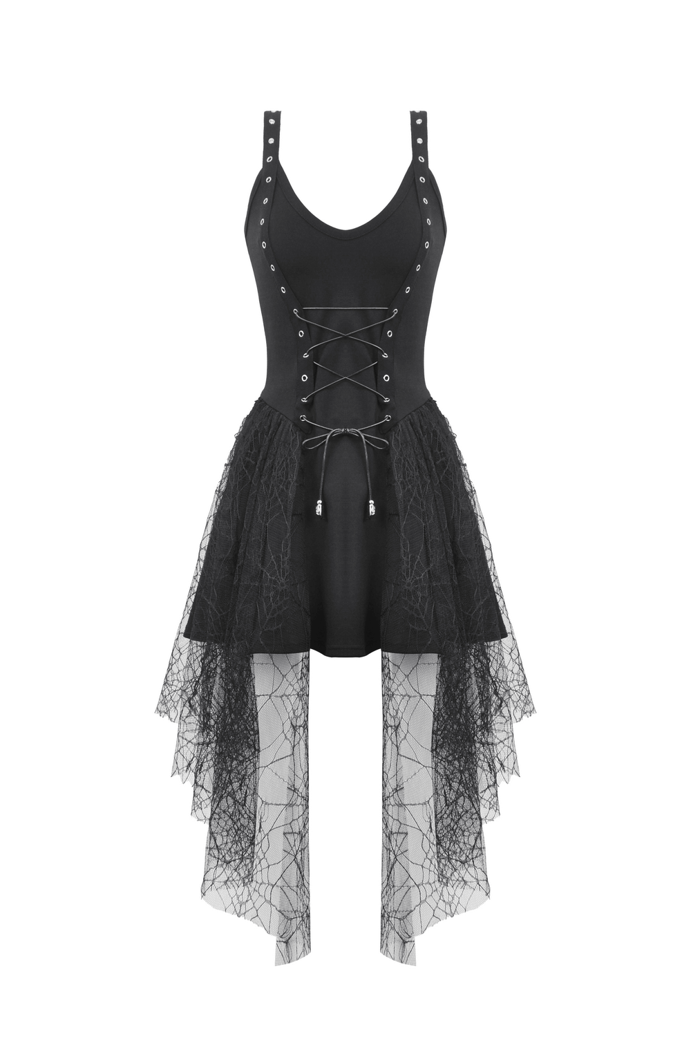 Gothic Lace-Up Black Dress with Spider Web Lace Details