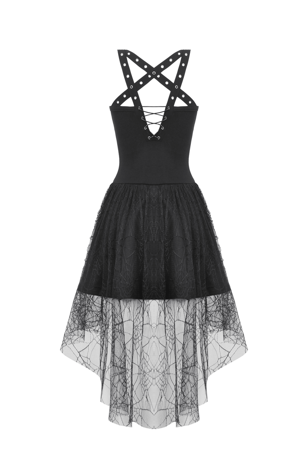 Gothic Lace-Up Black Dress with Spider Web Lace Details