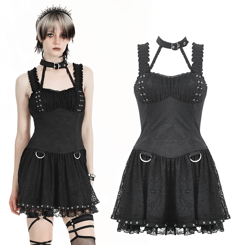 Gothic Lace-Up Dress with Metal Rings and Halter Neck