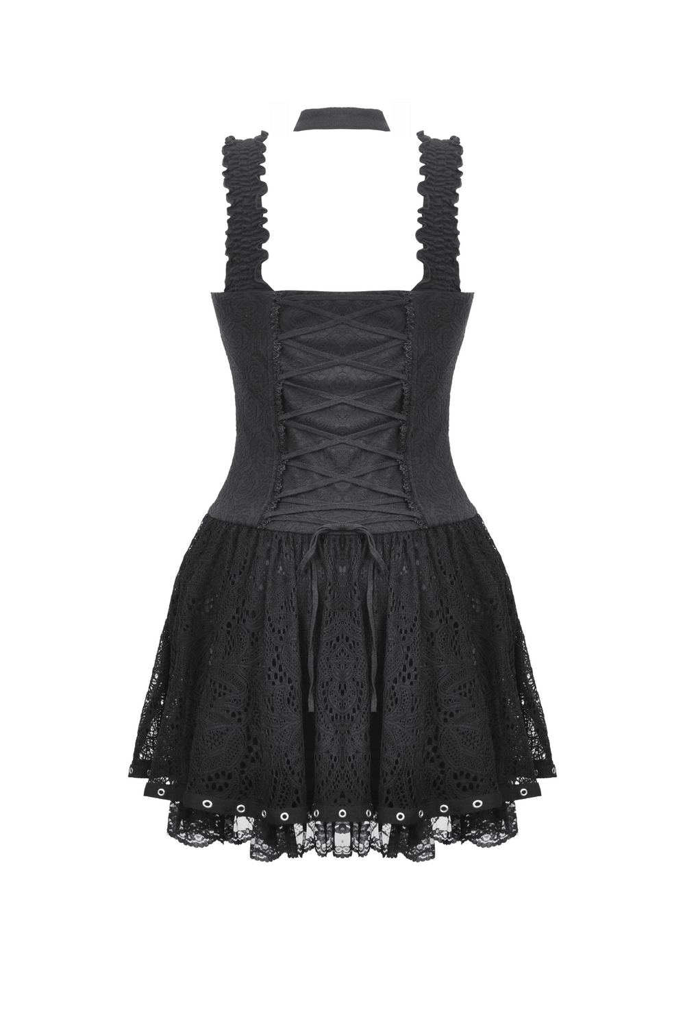 Gothic Lace-Up Dress with Metal Rings and Halter Neck