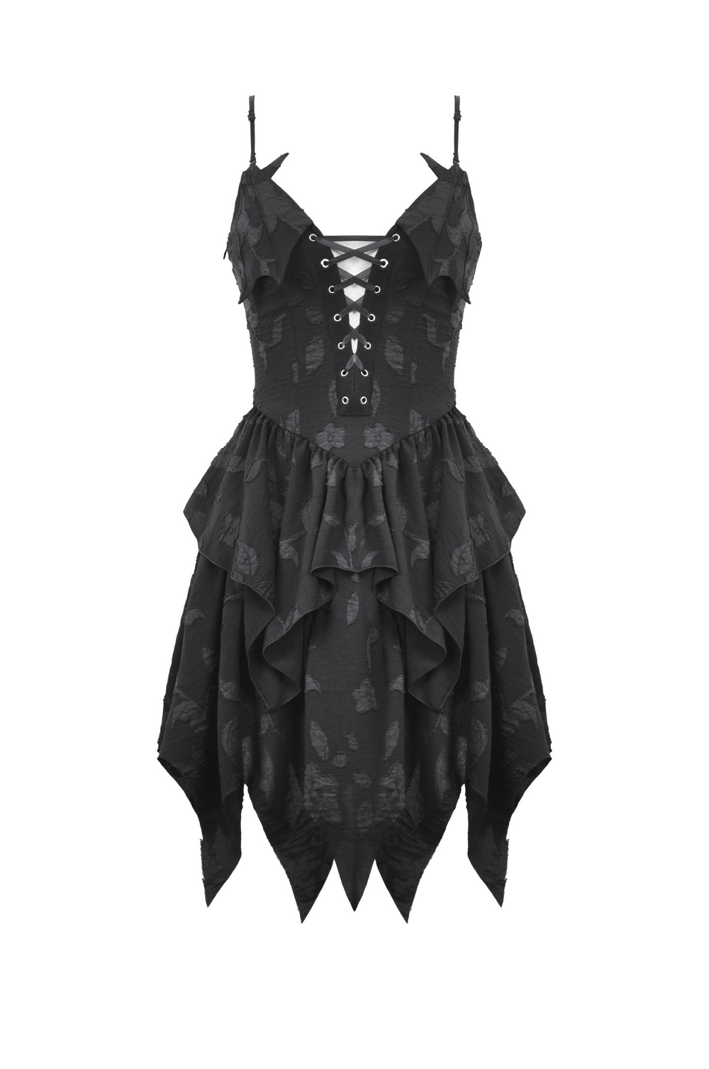 Gothic Lace-Up Ruffled Black Dress with Jagged Hemline