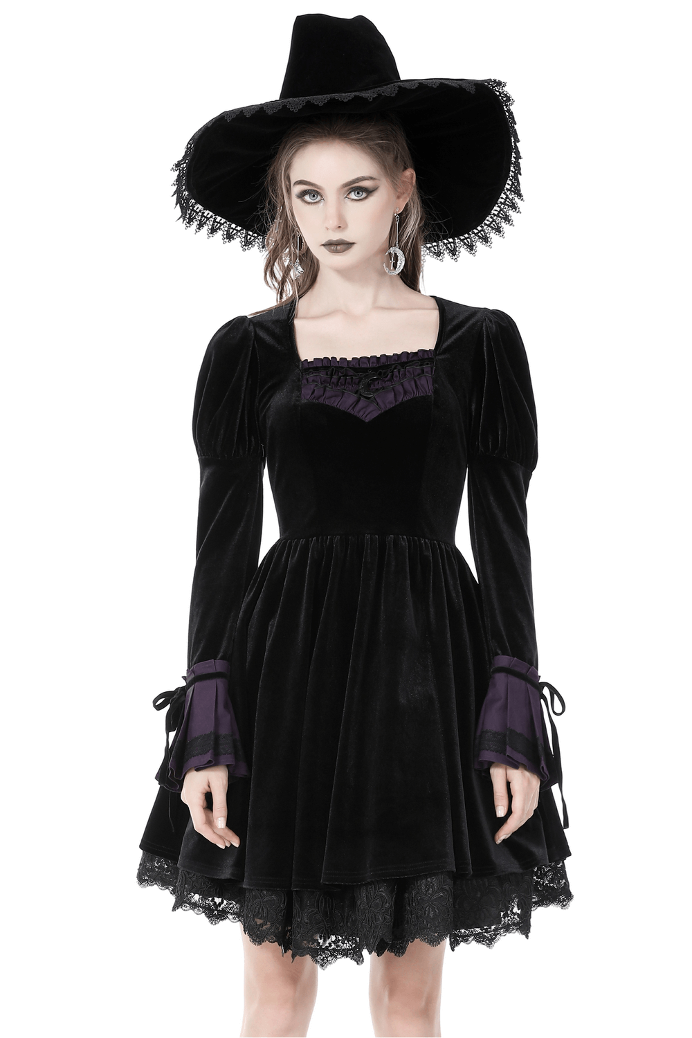 Gothic Long Sleeves Velvet Dress with Lace Overlay