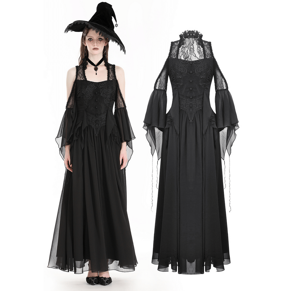 Gothic Off-Shoulder Lace Maxi Dress with Ruffle Sleeves