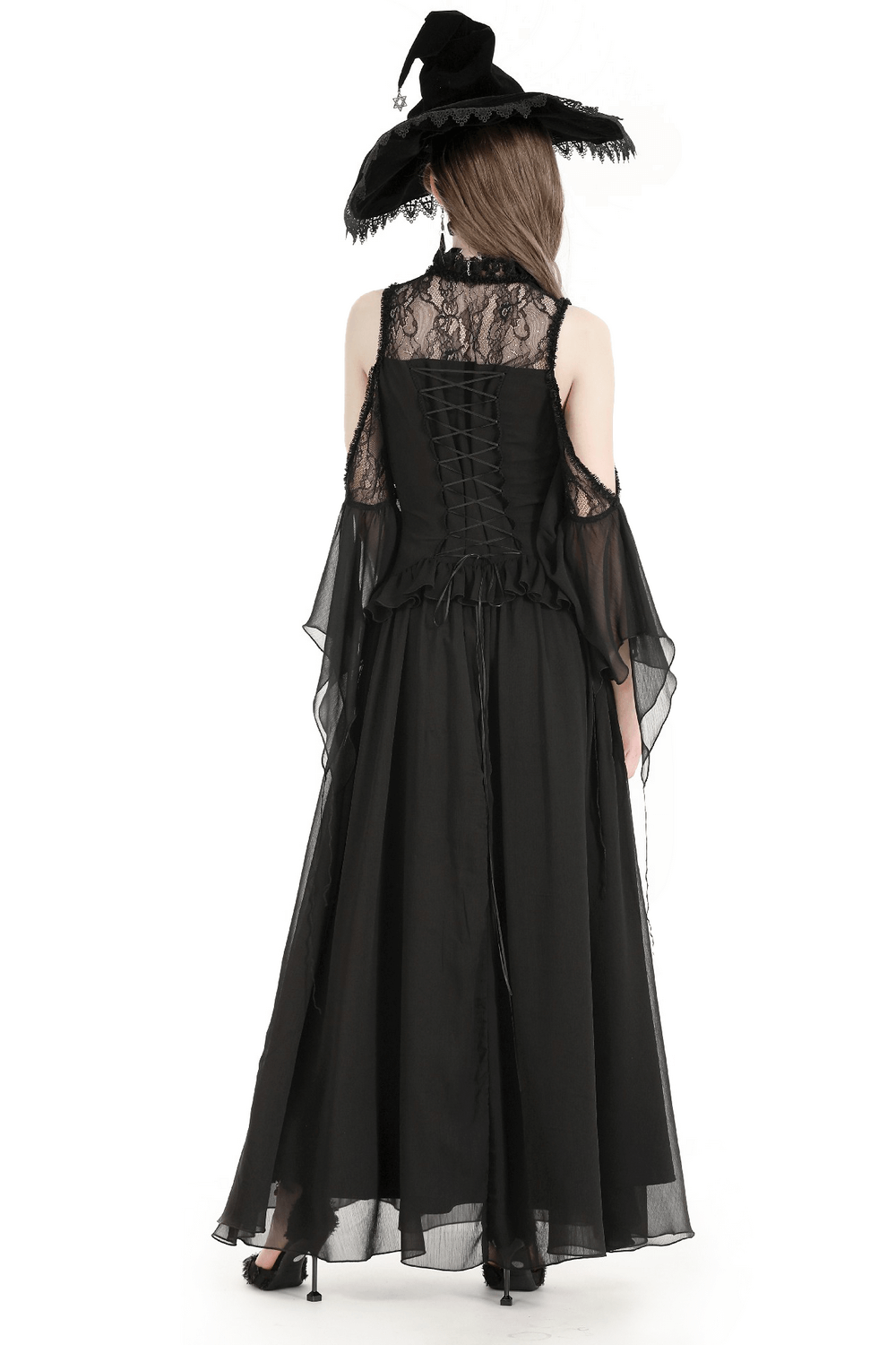 Gothic Off-Shoulder Lace Maxi Dress with Ruffle Sleeves