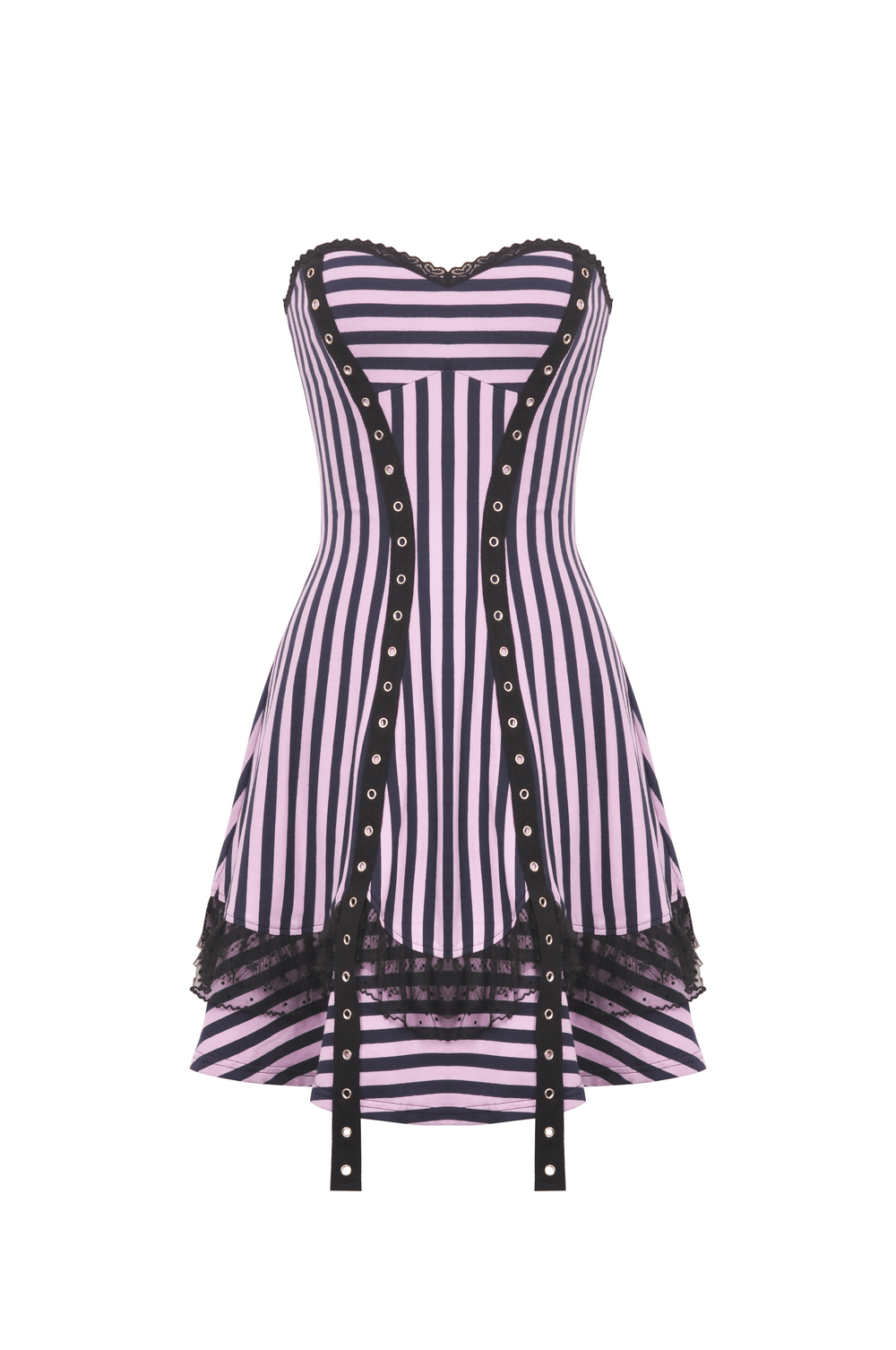 Gothic Pink and Black Striped Corset Dress with Lace Trim