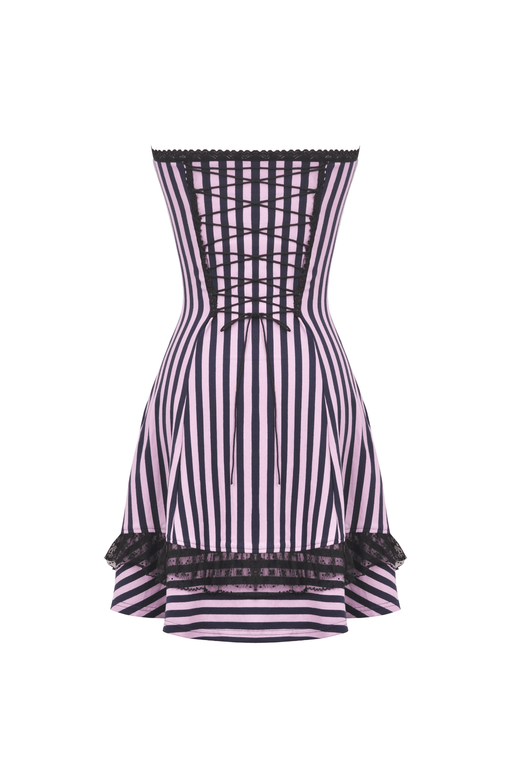 Gothic Pink and Black Striped Corset Dress with Lace Trim